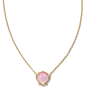 Necklace with a pink heart-shaped pendant on a gold chain against a white background
