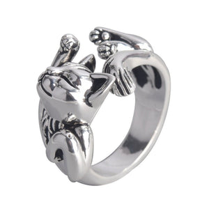 Vintage Oxidized Sleeping Cat Open Ring - Perimade & Co.