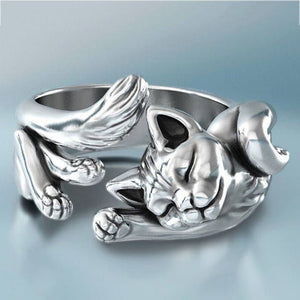 Vintage Oxidized Sleeping Cat Open Ring - Perimade & Co.