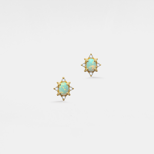 Pair of gold earrings with turquoise gemstones on a light gray background