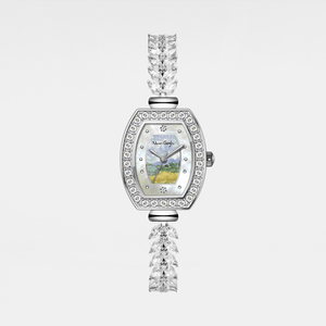 Silver watch with diamond accents on a white background