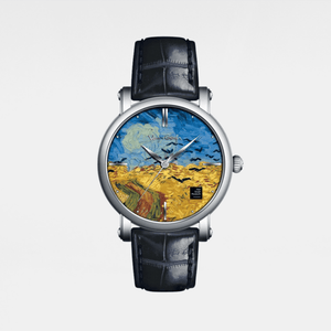 Watch with a Van Gogh painting design on the dial against a white background