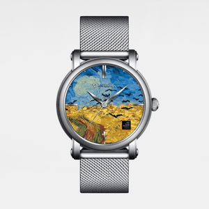 Watch with a design inspired by Van Gogh's 'The Starry Night' on a white background