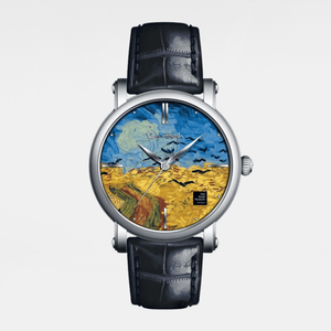 Watch with a Van Gogh painting design on the face against a white background