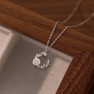 White Rose Flower Leaf Pendant Necklace - Perimade & Co.