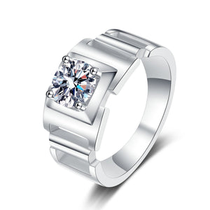 Silver ring with a large diamond on a white background