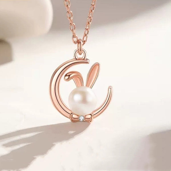 Moon Pearl Bunny Rabbit Necklace