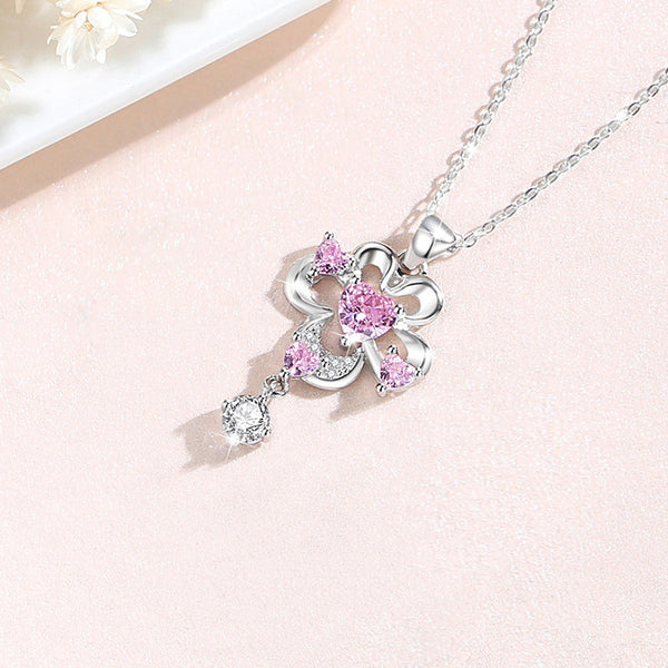 Pink Heart Flower Pendant Necklace