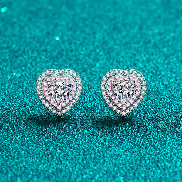 Pink Moissanite Heart Halo Stud Earrings