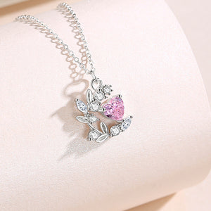 Pink Heart Flower Leaf Pendant Necklace