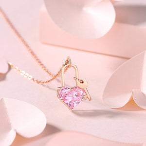 Pink Heart Lock Key Pendant Necklace