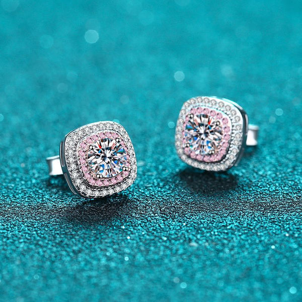 Pink Moissanite Halo Wedding Earrings