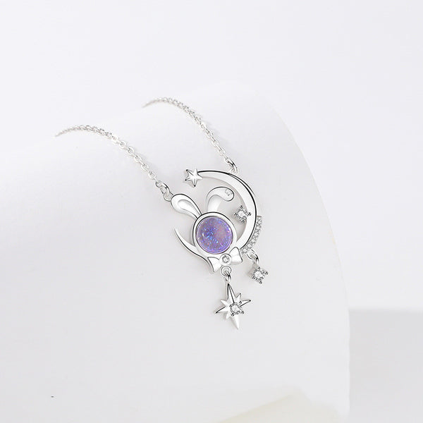 Moon Star Bunny Rabbit Opal Necklace