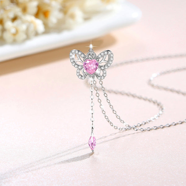 Pink Heart Butterfly Tassel Necklace