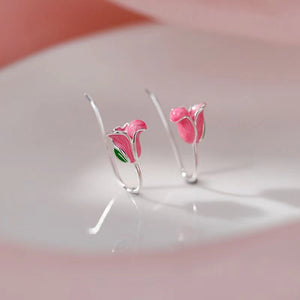 Pink Enamel Tulip Flower Hook Earrings