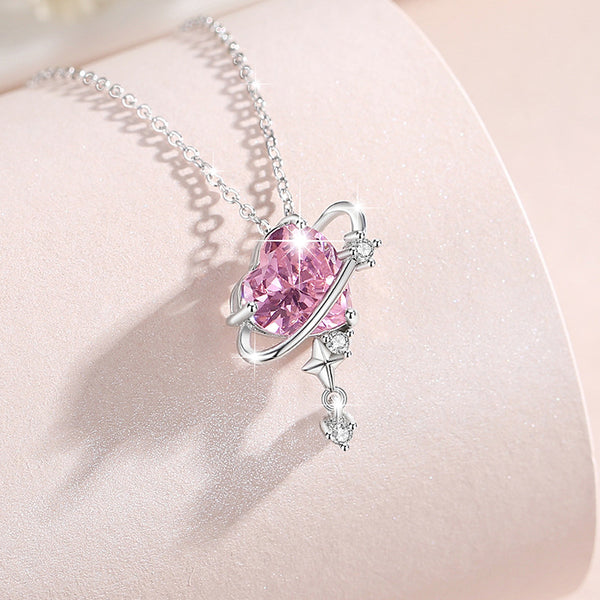 Pink Heart Planet Pendant Necklace