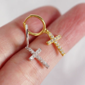 Dainty Cross Dangle Drop Hoop Earrings