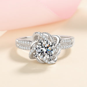 Moissanite Flower Pave Band Engagement Ring