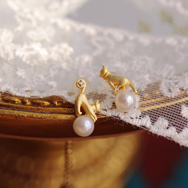 Gold Cat Pearl Stud Earrings