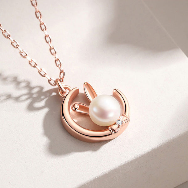 Moon Pearl Bunny Rabbit Necklace