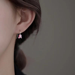 Pink Enamel Tulip Flower Hook Earrings