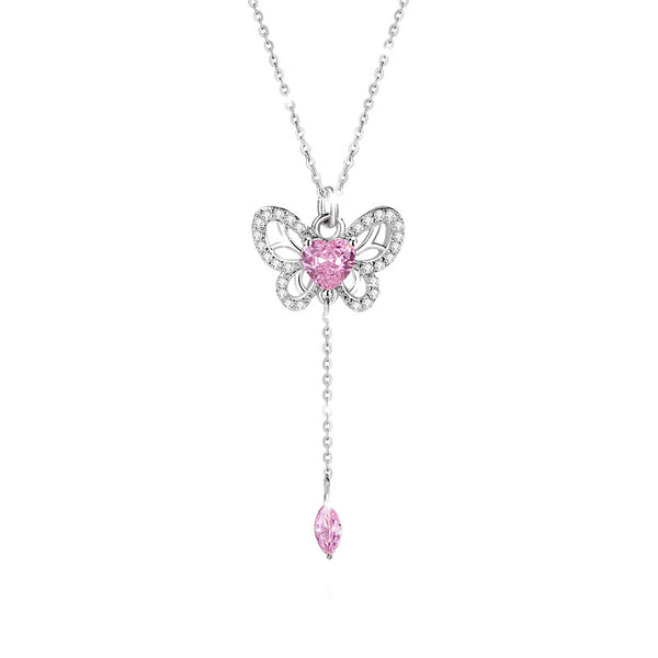 Pink Heart Butterfly Tassel Necklace