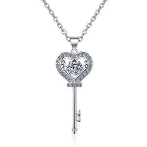 Dancing Moissanite Heart Key Charm Necklace