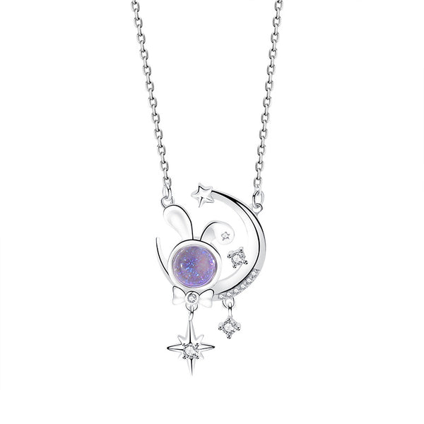 Moon Star Bunny Rabbit Opal Necklace