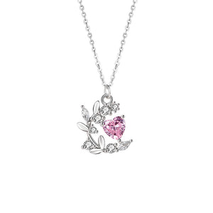 Pink Heart Flower Leaf Pendant Necklace
