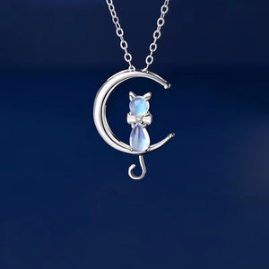 Collana con ciondolo gatto luna in pietra di luna