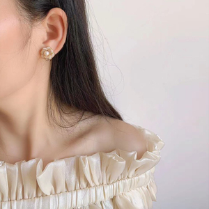 Pearl Camellia Flower Statement Stud Earrings