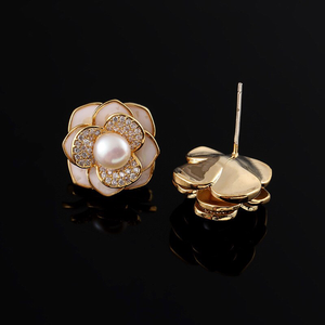 Pearl Camellia Flower Statement Stud Earrings