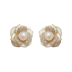 Pearl Camellia Flower Statement Stud Earrings