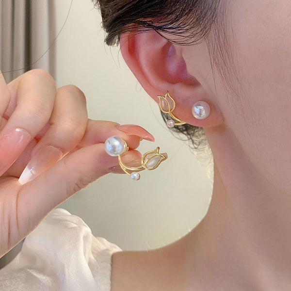 Opal Tulip Flower Pearl Stud Earrings