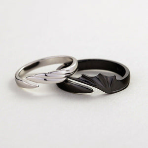 Two rings, one silver and one black, on a light gray background