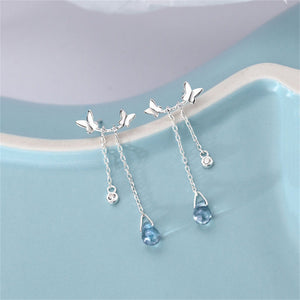Butterfly Blue CZ Chain Drop Stud Earrings - Perimade & Co.