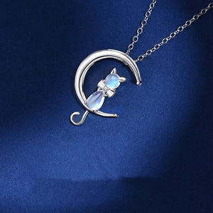 Collana con ciondolo gatto luna in pietra di luna