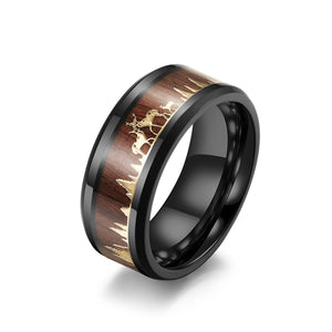 Elk Deer Forest Wood Inlay Black Band Ring - Perimade & Co.