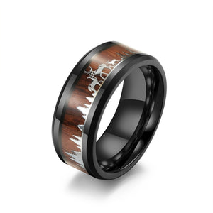 Elk Deer Forest Wood Inlay Black Band Ring - Perimade & Co.