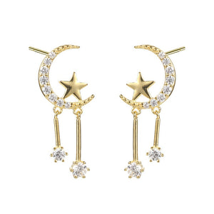 Moon Star Chain Dangle Drop Stud Earrings