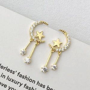 Moon Star Chain Dangle Drop Stud Earrings