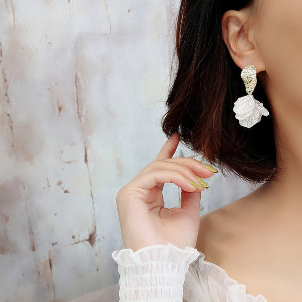 White Cracked Shell Flower Petal Earrings