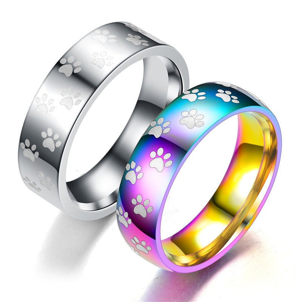 Rainbow Paw Print Chrome Band Ring