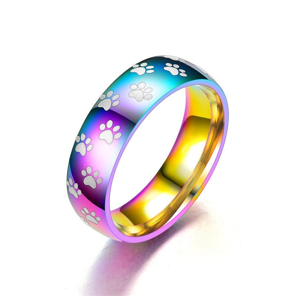 Rainbow Paw Print Chrome Band Ring