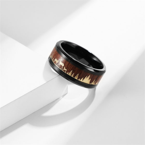 Wood Forest Elk Couple Band Ring