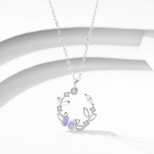 Purple Butterfly Leaf Circle Charm Necklace