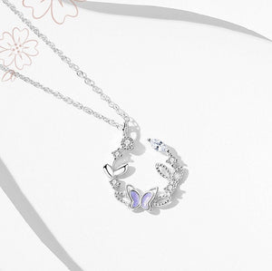 Purple Butterfly Leaf Circle Charm Necklace