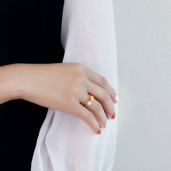 Cute Gold Cat Pearl Stacking Ring