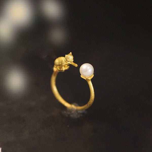 Cute Gold Cat Pearl Stacking Ring