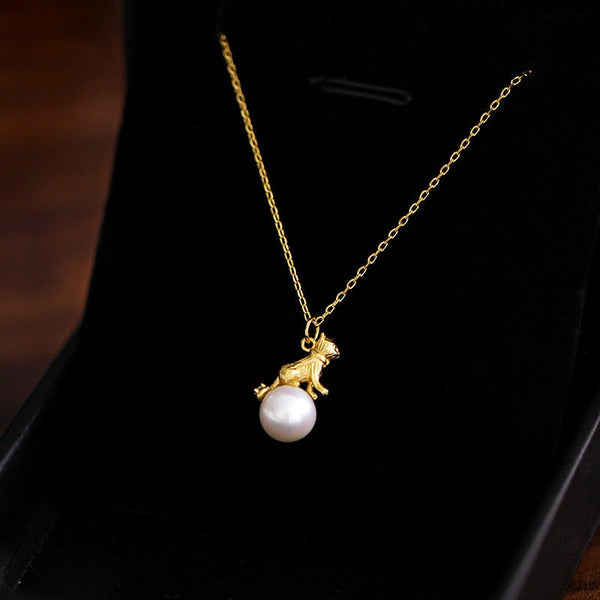 Cute Gold Cat Pearl Charm Necklace